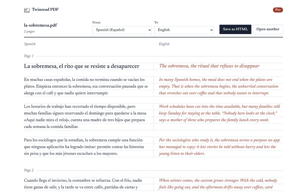 The Twinread PDF reader with a Spanish article: each Spanish paragraph on the left has its English translation in red-brown italics beside it, with the language pickers, Save as HTML and Open another at the top.