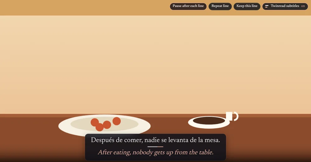 A Spanish cooking video paused at the end of a caption, with Twinread subtitles on: the line Después de comer, nadie se levanta de la mesa over its English translation in italics, and the buttons Pause after each line, Repeat line and Keep this line above the video.